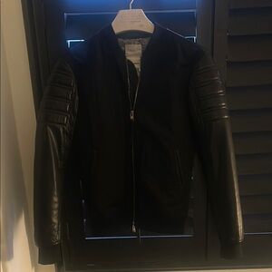 Black Bomber Jacket with Leather Sleeves